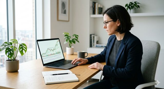 S&P500 신고가 차트를 보며 투자 타이밍을 고민하는 개인 투자자 모습