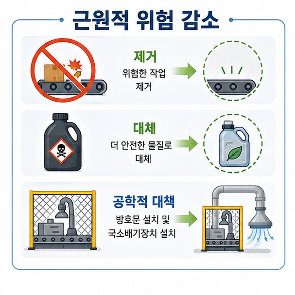 위험한 작업을 없애거나 더 안전한 물질로 바꾸고 방호장치와 환기설비를 설치하는 근원적인 안전대책을 보여주는 그림