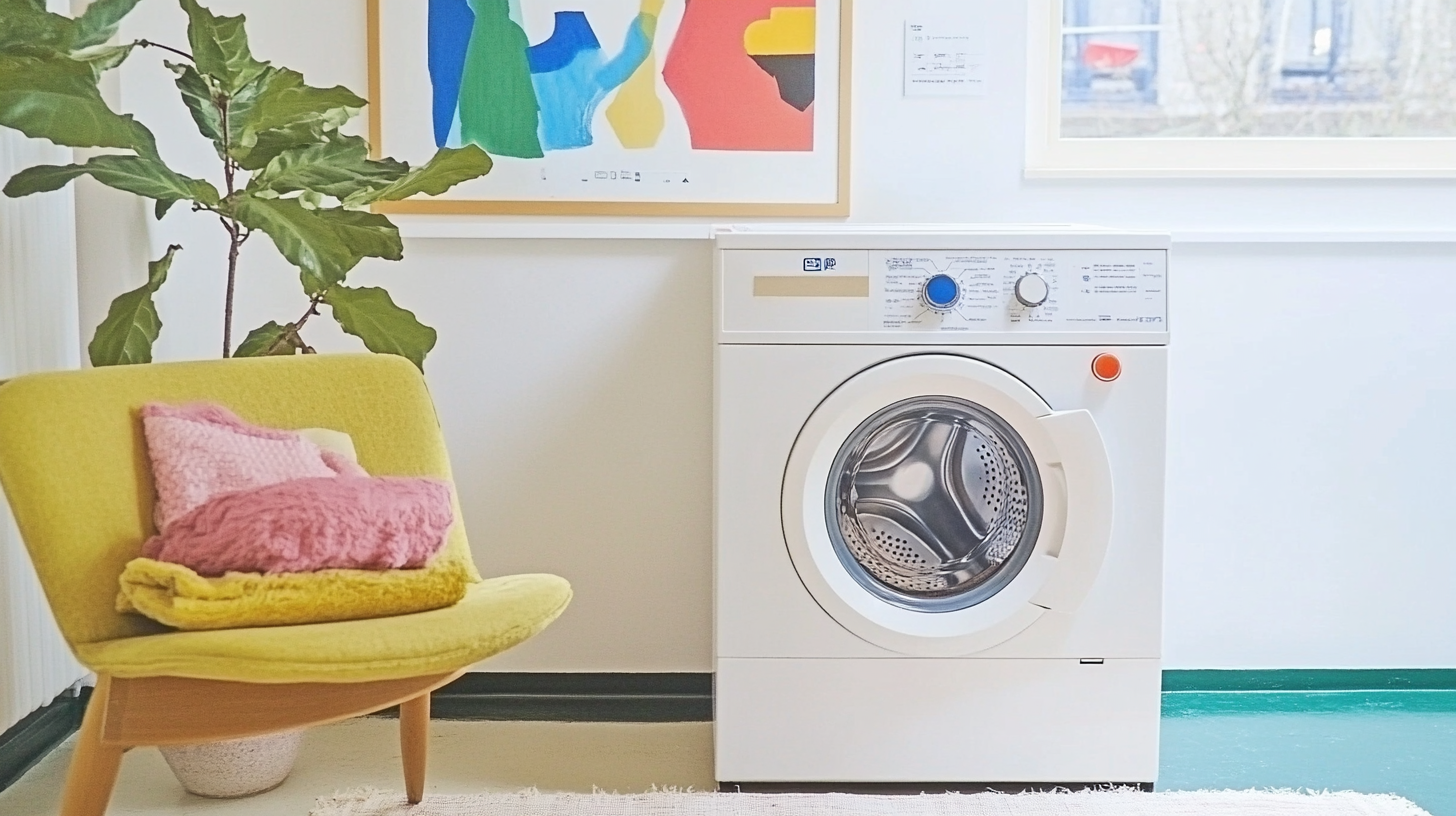 스칸디나비아 스타일의 아파트 세탁실에 배치된 혁신적인 AI 세탁기로, 현대적이고 기능적인 디자인이 돋보입니다.