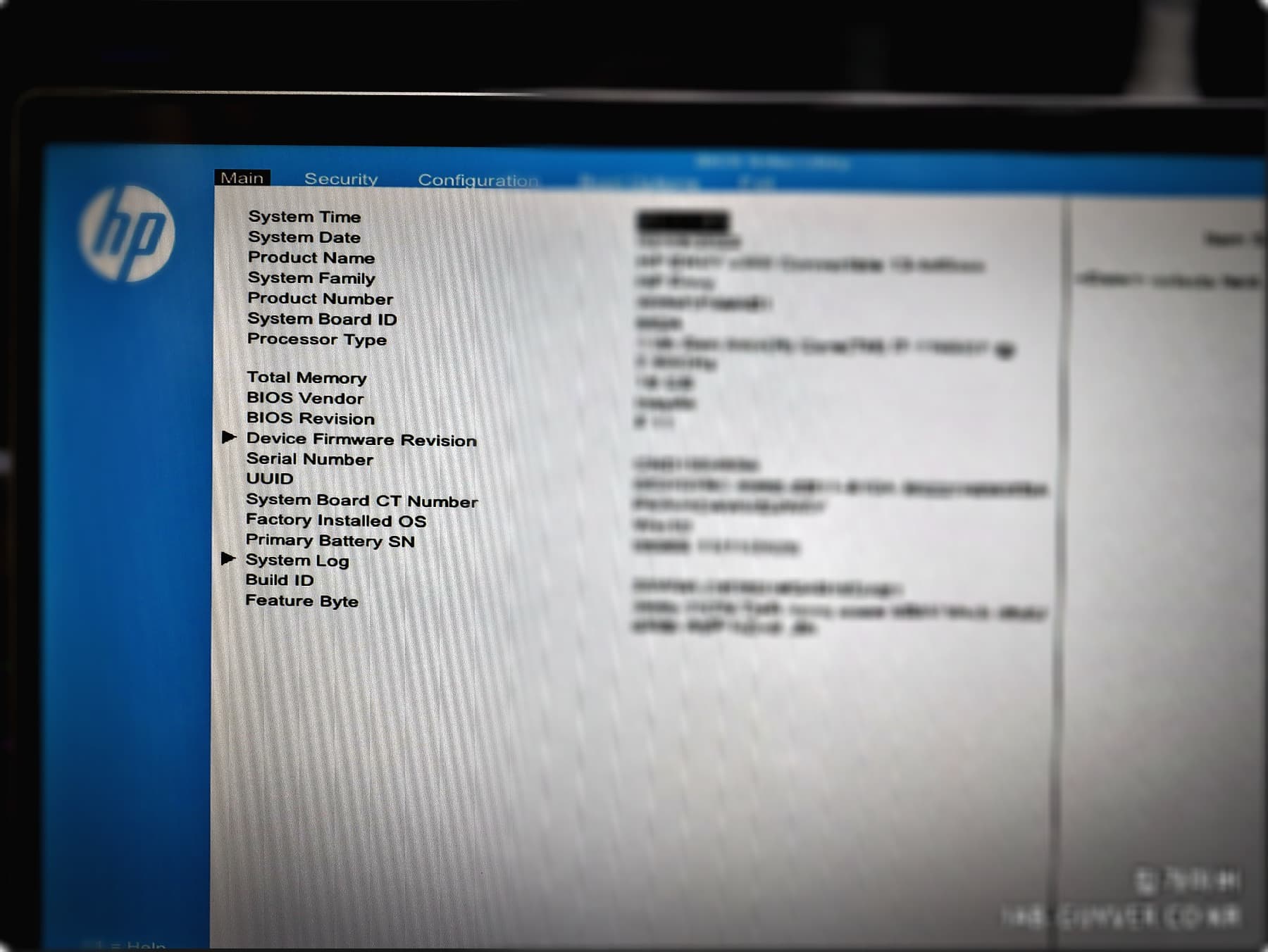 HP BIOS Setup Utility 메인 화면(시간/날짜/모델/시리얼/제품키 등)