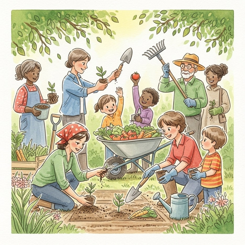 이웃들이 함께 정원을 가꾸며 협력하는 따뜻한 모습