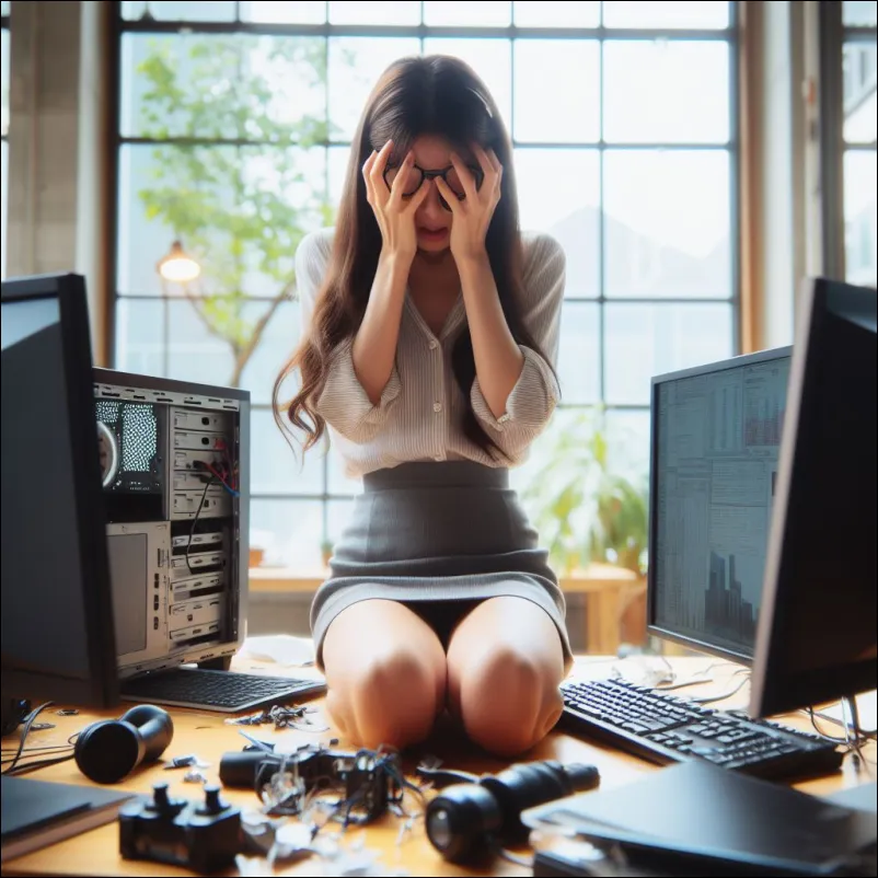 모니터가 고장나서 컴퓨터 본체 확인중인 직장인