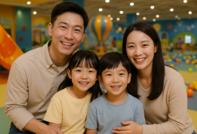 키즈카페에서 가족사진을 찍는 모습