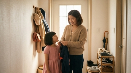 숨을 고르며 아이와 눈을 맞추는 엄마의 모습