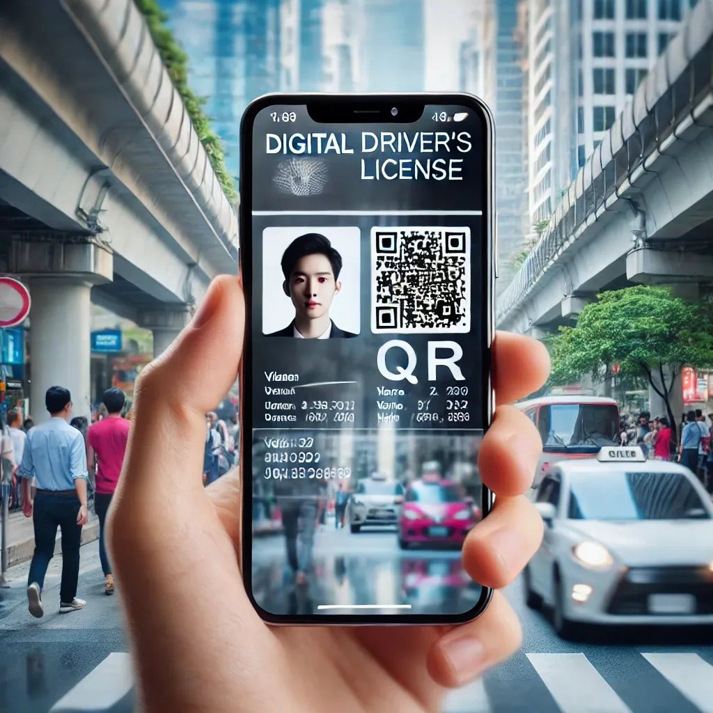 스마트폰 화면에 표시된 디지털 운전면허증을 배경의 도시 거리와 함께 클로즈업으로 보여주는 이미지.