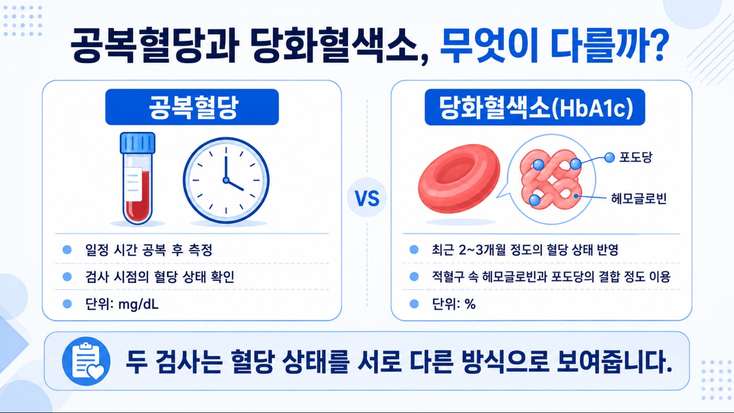 검사 시점의 혈당을 보는 공복혈당과 최근 2~3개월의 혈당 상태를 반영하는 당화혈색소의 차이