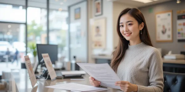 운전면허학원 접수처에서 서류를 들고 등록 중인 모습