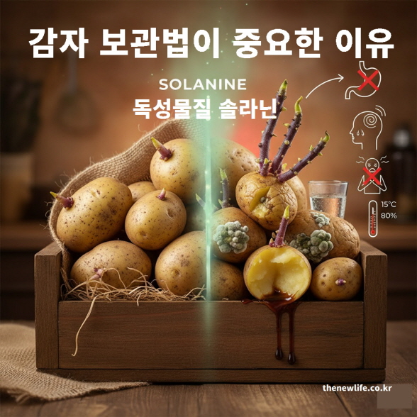 감자 보관법의 중요성을 보여주는 이미지. 왼쪽은 싱싱한 감자, 오른쪽은 독성물질 솔라닌 싹이 자라고 곰팡이가 핀 부패한 감자.