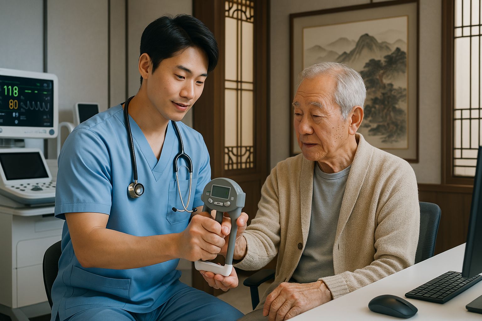 첨단 의료 장비를 갖춘 현대적인 한국 클리닉에서 노인 환자에게 악력 측정으로 근감소증 자가진단법을 보여주는 젊은 의료진