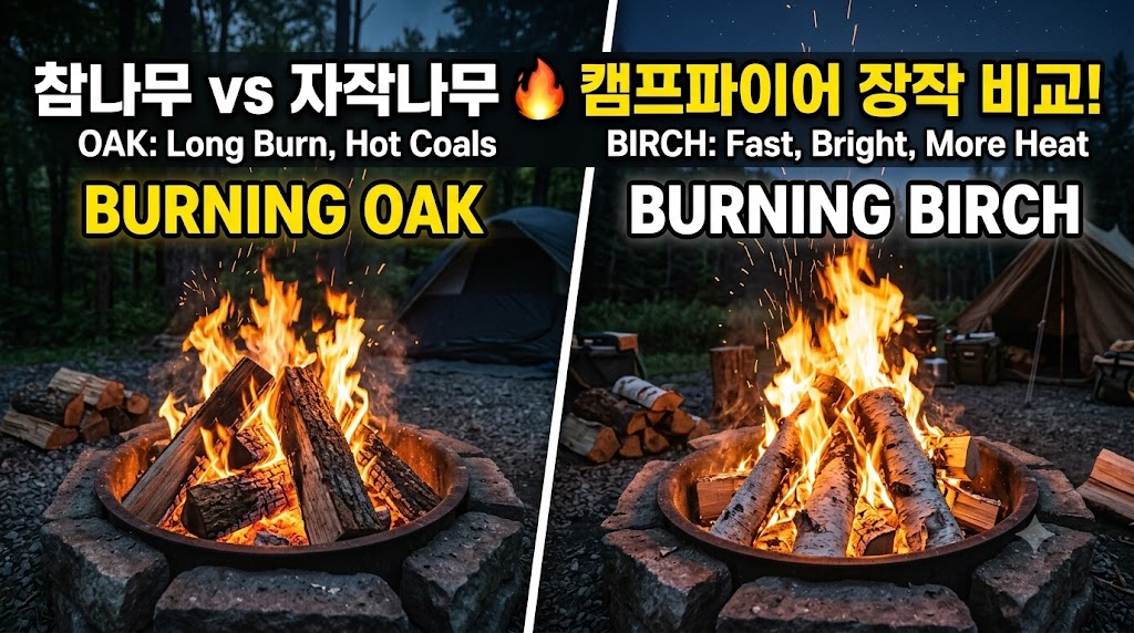 캠핑장에서 연소 중인 참나무 장작과 자작나무 장작의 불꽃 비교