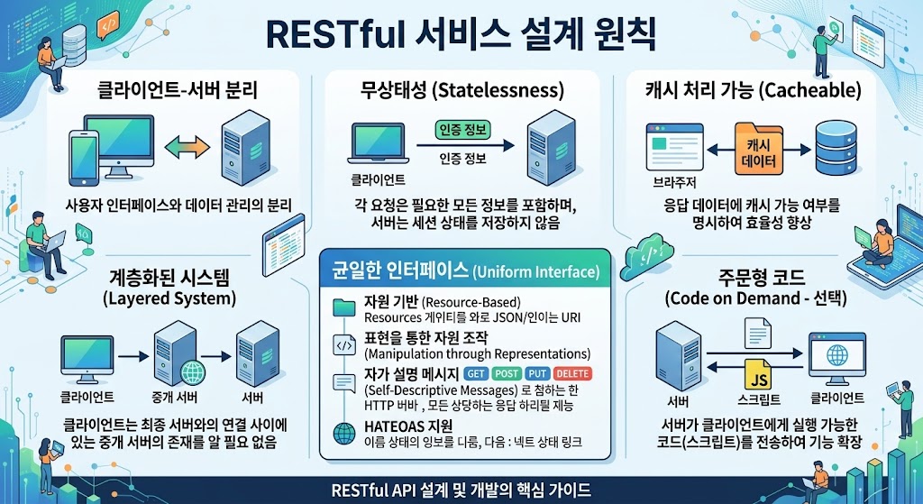 HTTP 메서드와 자원 중심의 동기적 요청-응답 모델을 구현한 REST API 아키텍처를 시각화
