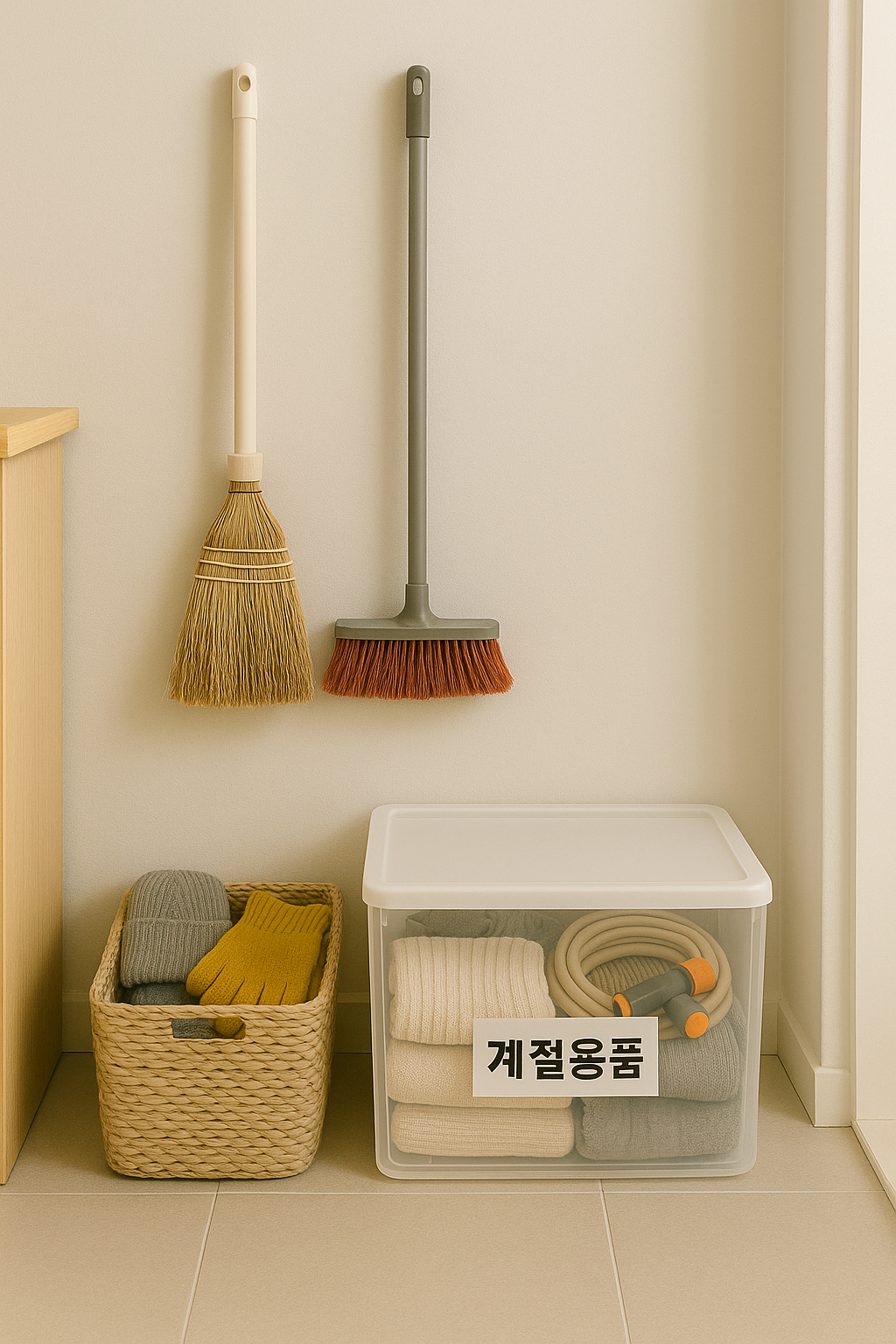 세탁실 벽 행거와 계절 용품 박스로 정리된 모습