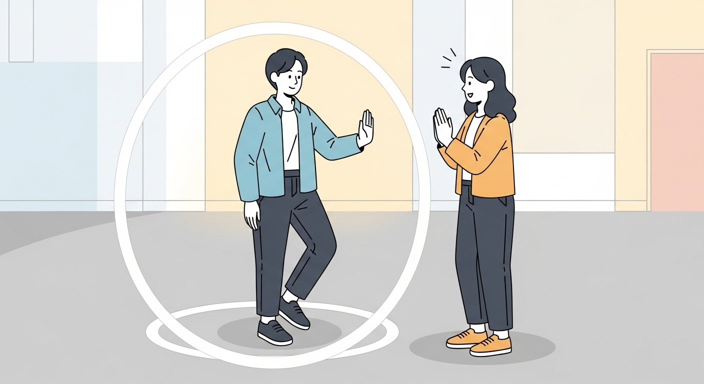 자신의 주변에 그어진 선을 넘으려는 상대에게 손을 들어 멈춤 신호를 보내는 사람