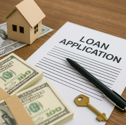 책상 위에 주택 모형, 대출 신청서, 펜, 열쇠, 그리고 100달러 지폐 다발이 가지런히 놓여 있는 장면
