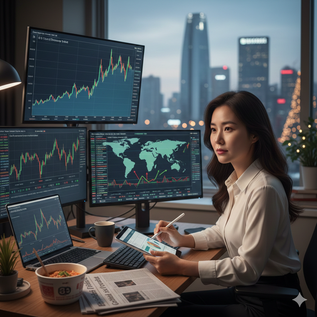 젊은 여성 트레이더가 고층 빌딩 야경을 배경으로 여러 대의 모니터에 뜬 주식&middot;환율 차트를 보며 태블릿으로 메모하는 모습