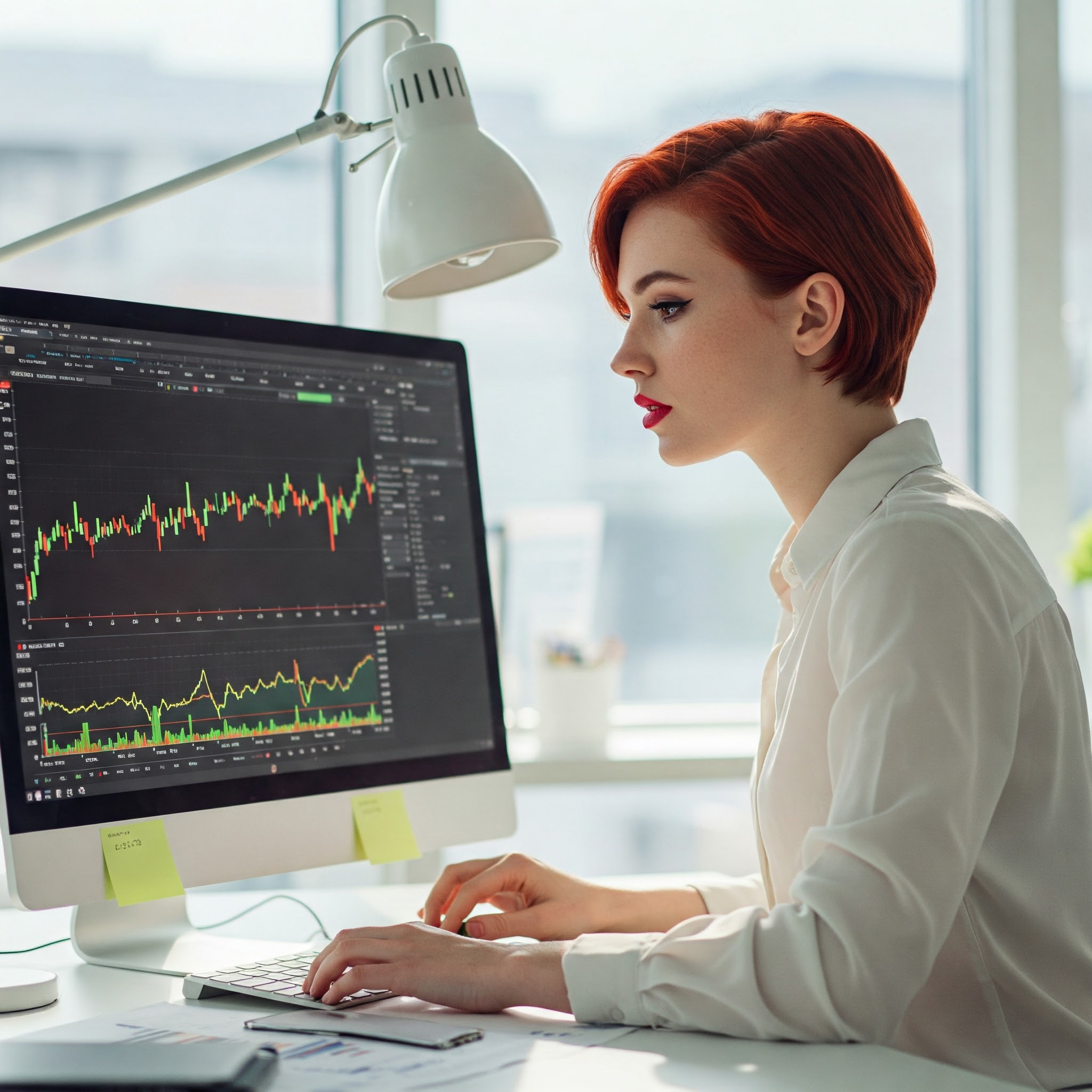 여자가 주식창을 보고 있는 이미지