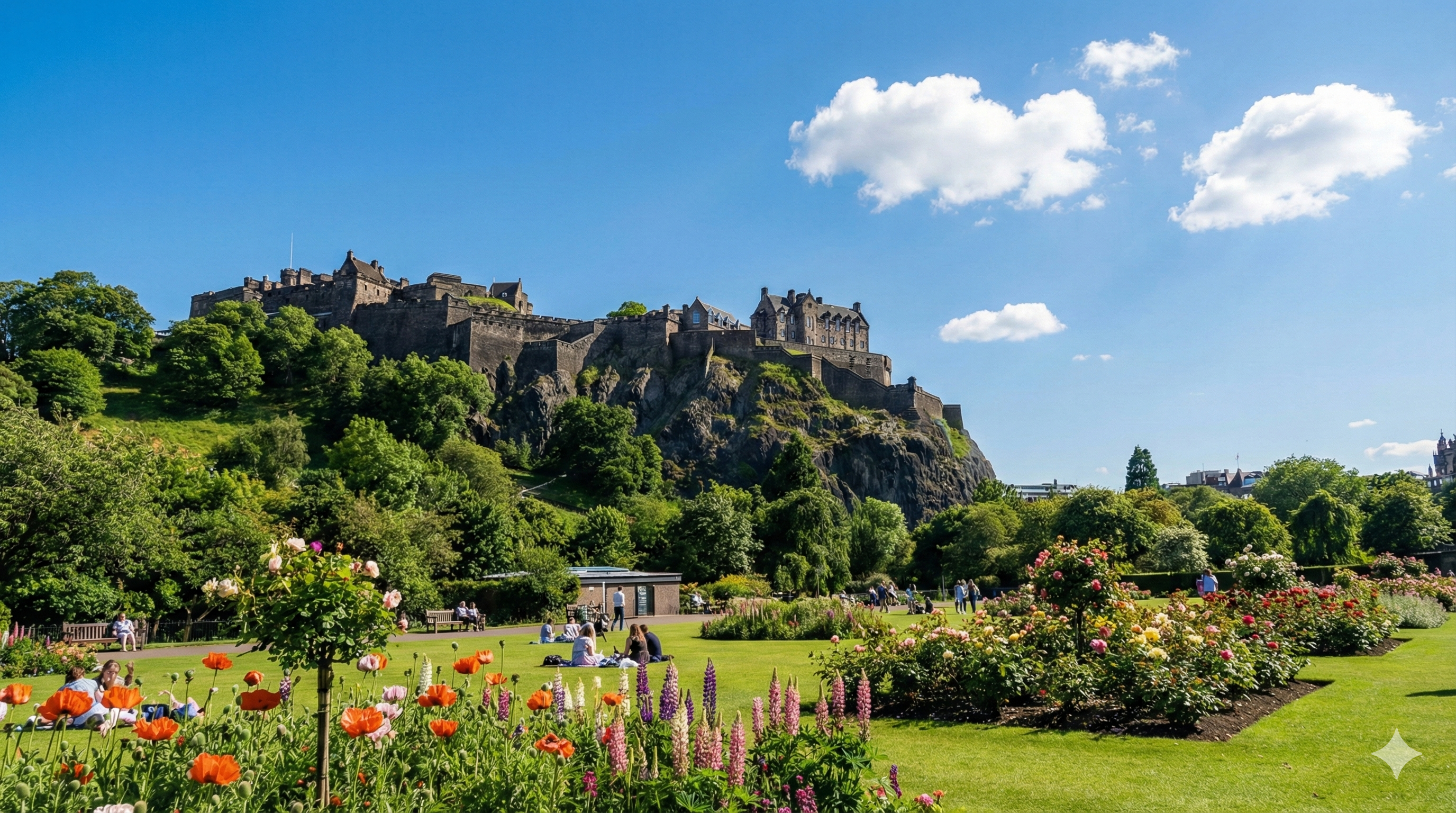 맑은 하늘 아래 푸른 잔디가 돋보이는 6월의 프린스 스트리트 정원과 영국 에든버러 성의 웅장한 풍경