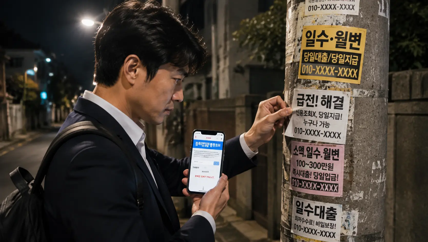 주택가 가로등에 무분별하게 부착된 변종 불법 사금융 일수 전단지를 확인하며 정식 등록처를 대조하는 직장인