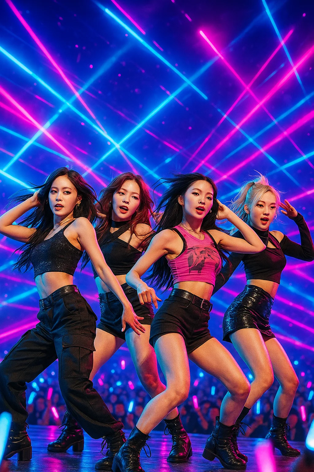 K-팝 아이돌 그룹이 화려한 무대 위에서 춤을 추고 있다. 강렬한 네온 조명, 블루와 핑크 컬러 조합, 팬들의 응원봉 빛