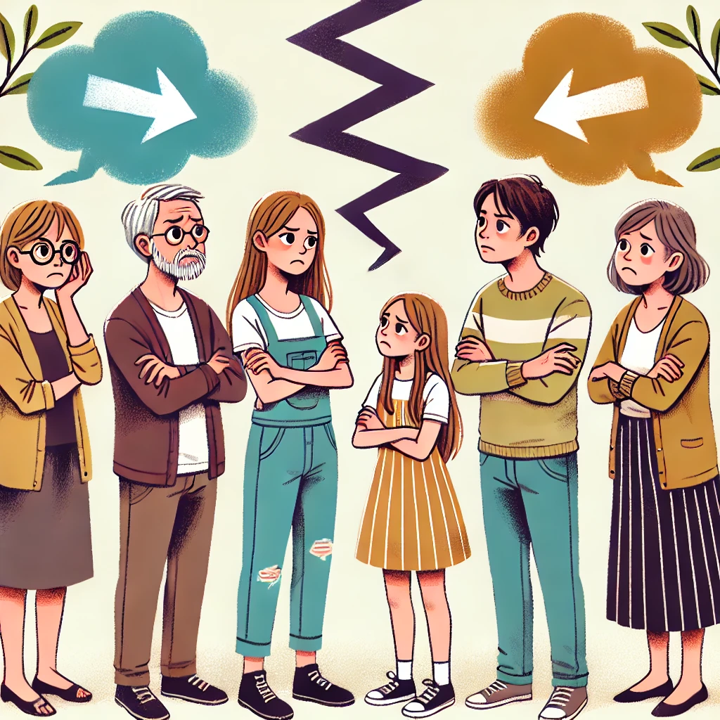 가족 구성원들이 상속 재산을 두고 갈등하는 장면의 일러스트