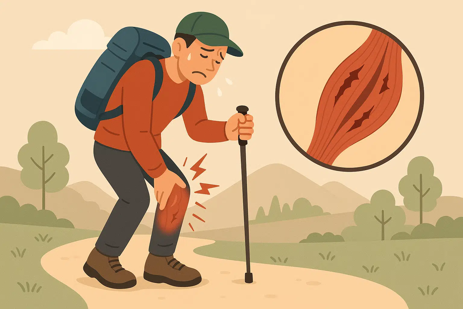 등산이나 장거리 걷기 후 종아리를 붙잡고 힘들어하는 사람, 근육에 미세 손상