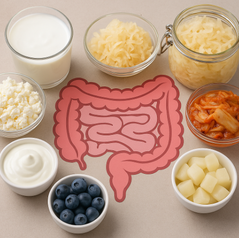 유산균이 많은 음식들이 장에 좋다는 의미를 담은 사진