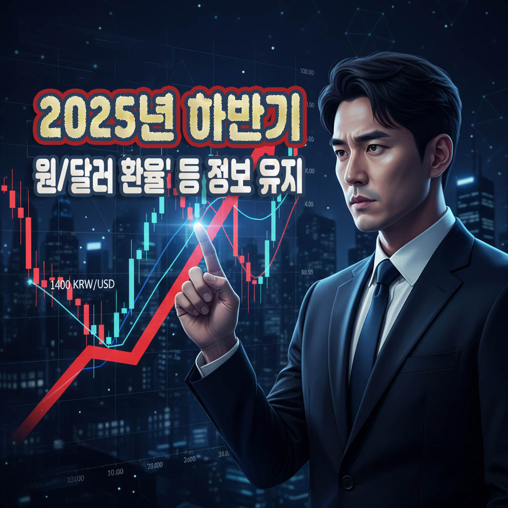 2025년 하반기 원/달러 환율 상승 추이를 보여주는 금융 차트 이미지. 진지한 표정의 한국인 남성 투자자가 차트를 분석하며 시장 변화를 주시하는 모습