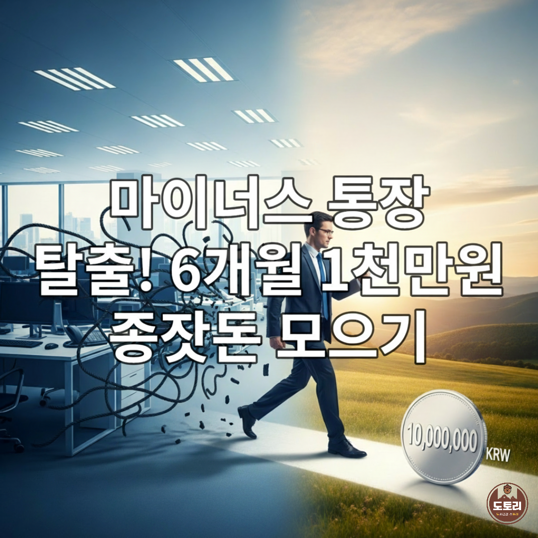 마이너스 통장 빚을 뒤로하고 천만 원 종잣돈을 향해 나아가는 직장인의 모습. 희망찬 경제적 자유를 상징