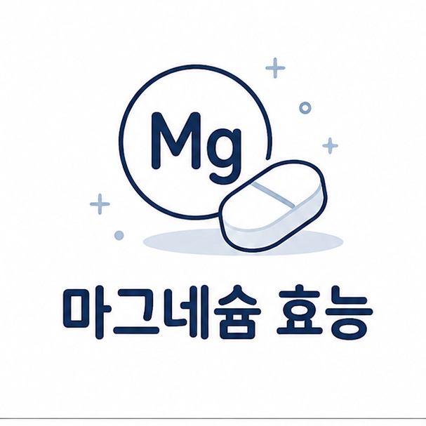 마그네슘 효능 대표 이미지, 알약과 원소 기호를 단순한 선으로 그린 일러스트
