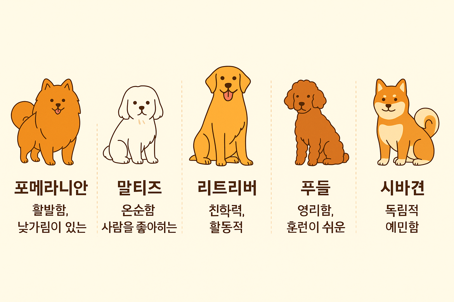 다섯가지 견종의 그림과 특징이 설명된 이미지