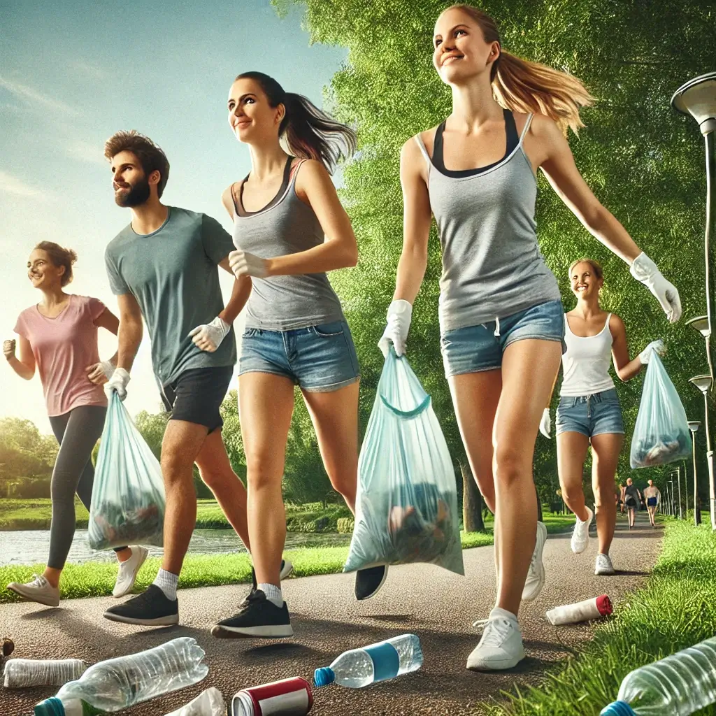 스웨덴의 ‘Plocking(플로킹)’ 문화를 표현한 이미지입니다! 🌿🏃♂️ 조깅하며 쓰레기를 줍는 모습과 깨끗한 환경을 강조했어요