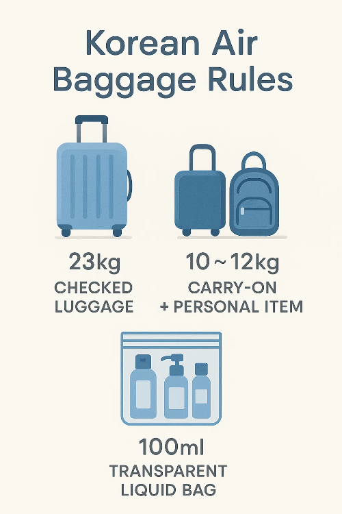 Korean Air Baggage Rules에 따른 수하물 종류별 무게 및 규정을 나타낸 도식 이미지