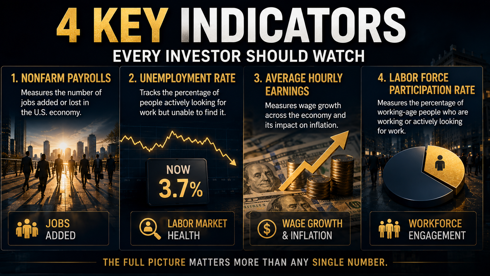 Cinematic illustration highlighting the four key U.S. employment indicators every investor should watch.