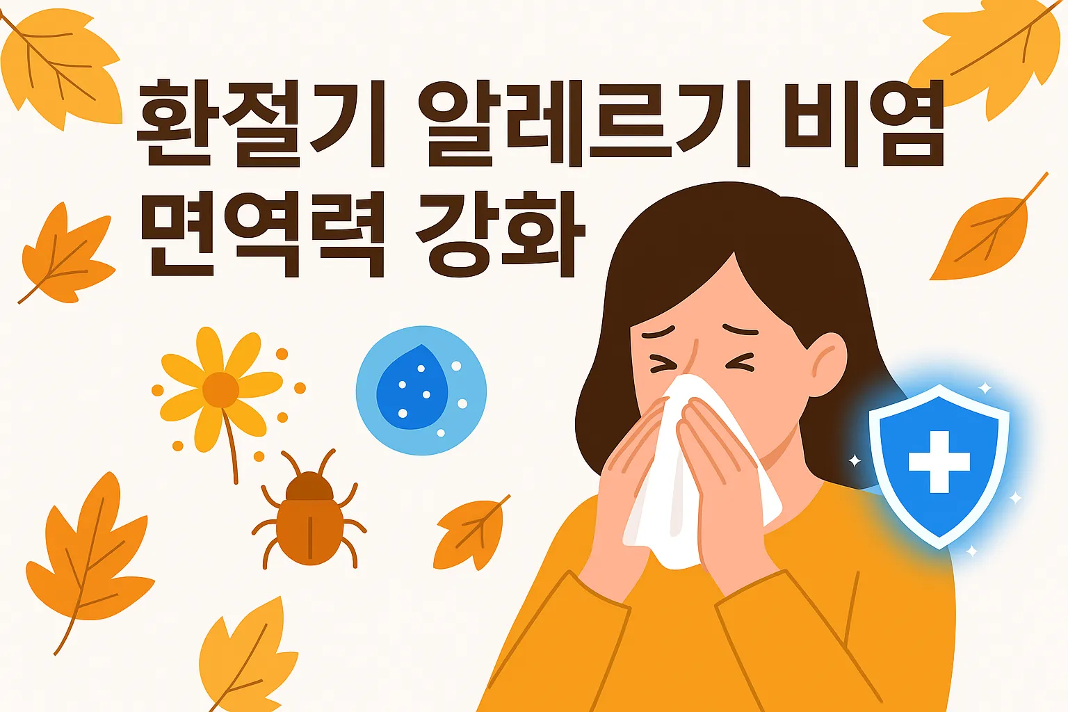 환절기 알레르기 비염으로 재채기하는 사람과 면역력 강화를 상징하는 방패 아이콘 일러스트