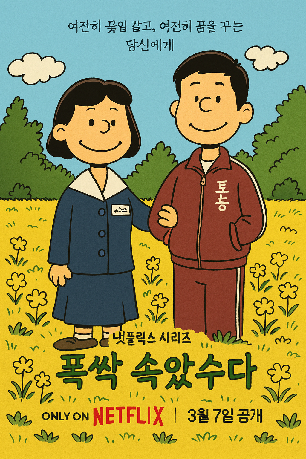스누피 스타일로 변환시킨 폭싹 속았수다 포스터 그림
