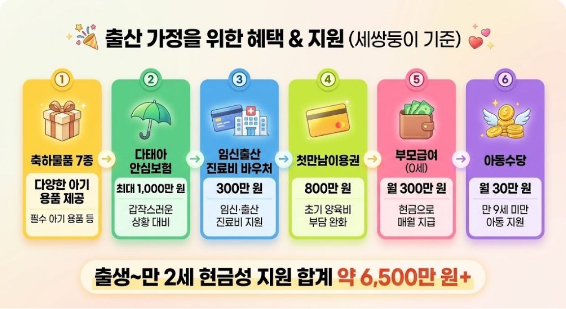 서울시 세쌍둥이 다태아 출산 지원 혜택 비교 인포그래픽 &ndash; 축하물품 안심보험 첫만남이용권 부모급여 2026