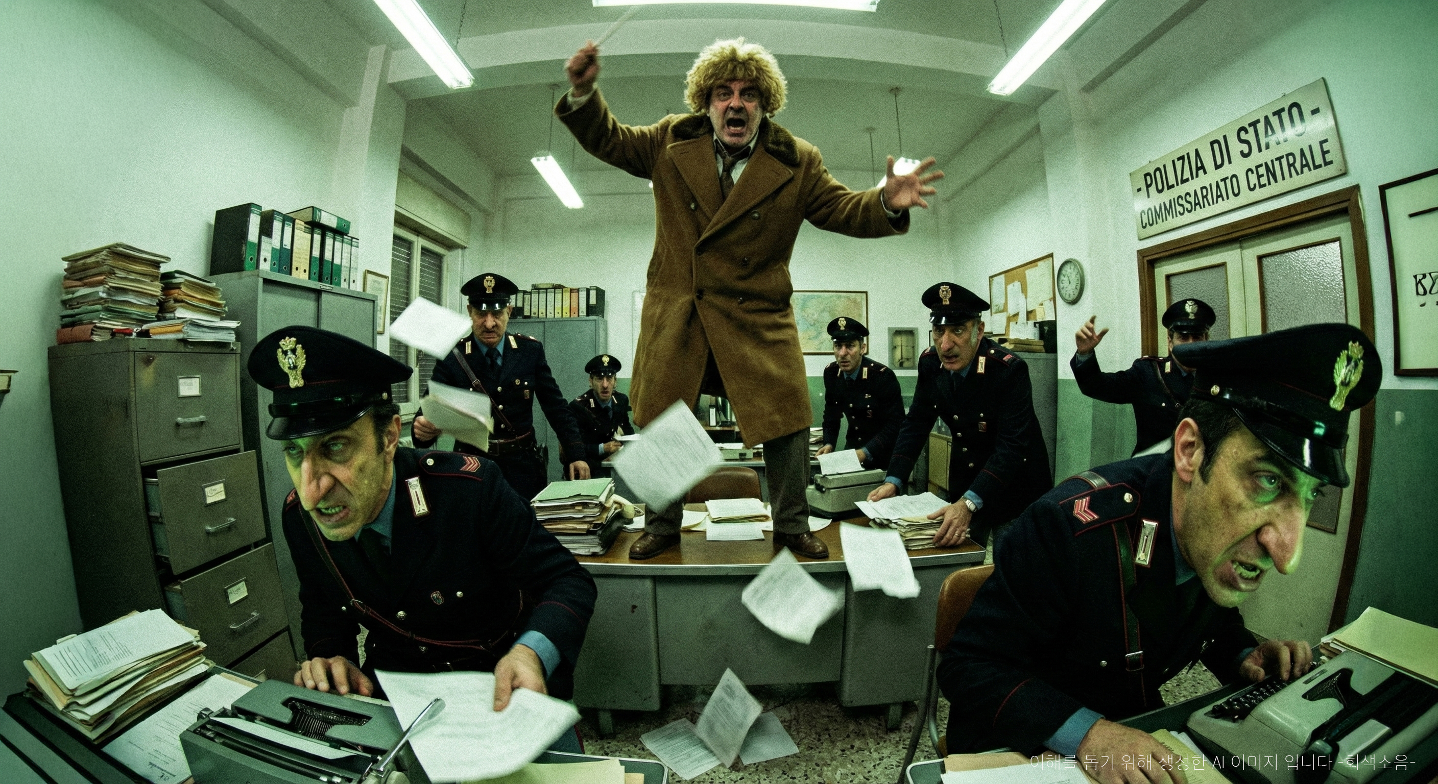 광대들의 경찰서 : 1970년대 이탈리아 경찰서에서 광각 왜곡 속에 책상 위에 선 남자가 혼란에 빠진 경찰들을 내려다보며 조롱하듯 제스처를 취하는 풍자적인 와이드 장면.