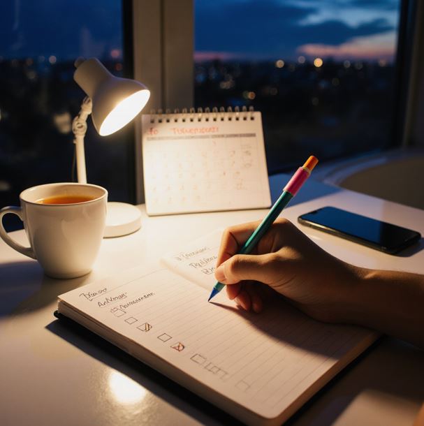 깔끔하게 정돈된 책상에서 노트에 글을 쓰며 하루를 정리하고 있는 손의 모습