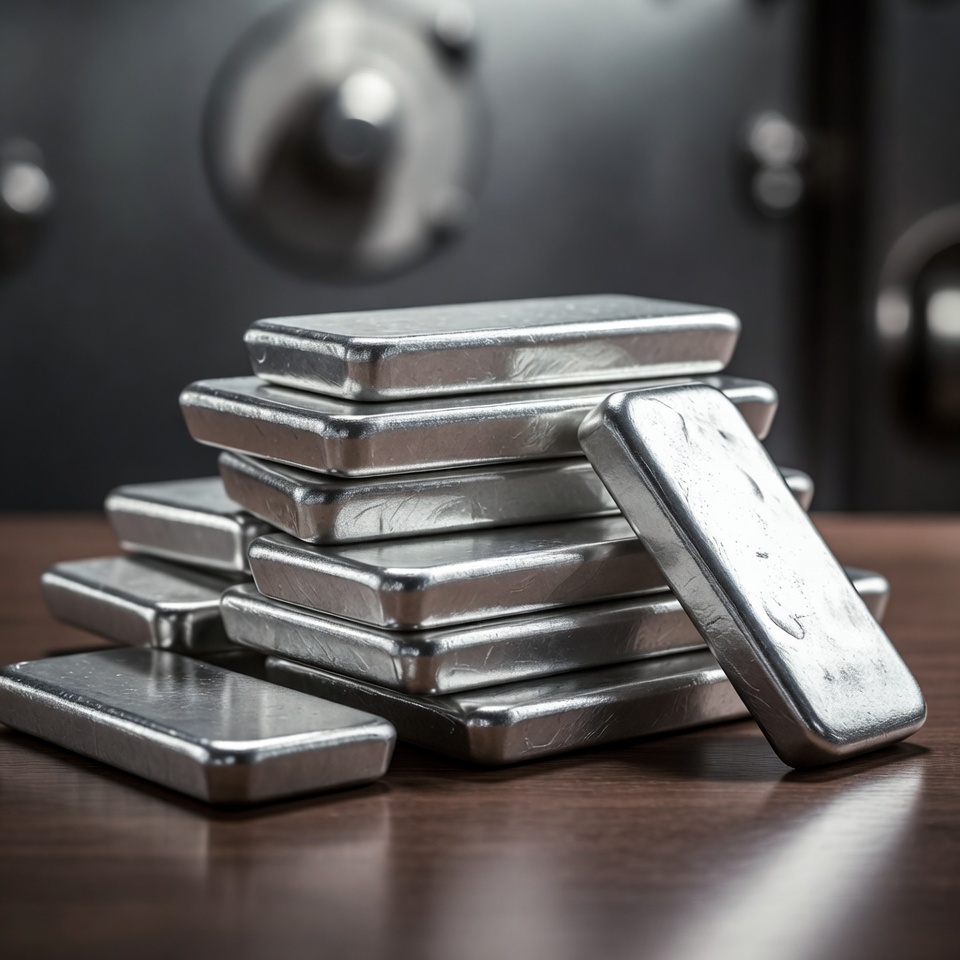 대형 금고에서 실버바가 책상위에 놓여있는 모습