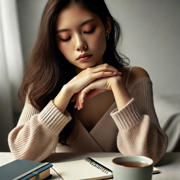 조용한 공간에서 불안한 생각을 진정시키려는 동양인 여성의 모습