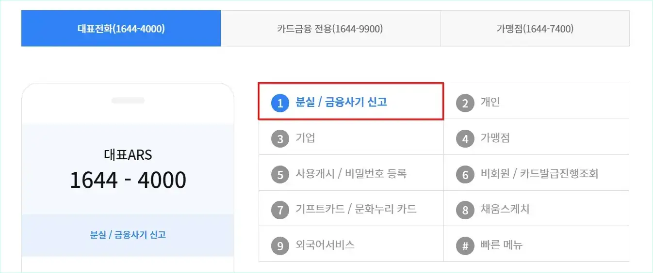 농협카드 대표전화(1644-4000)로 전화를 연결하고 단축번호 1번(분실/금융사기 신고)을 입력
