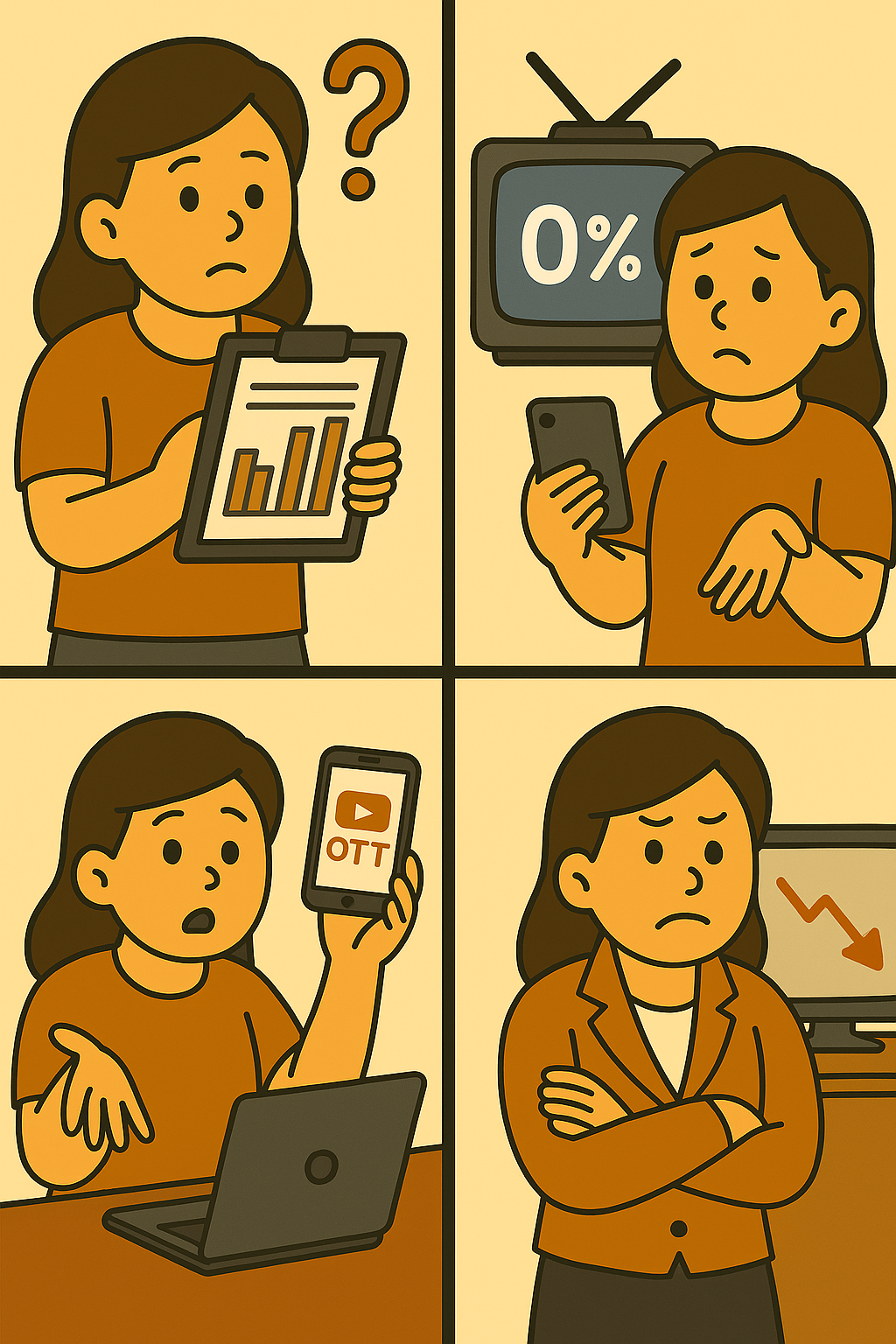 1컷: 차트를 보며 고개를 갸웃하는 여성 캐릭터, 옆에 물음표 표시.
2컷: TV 화면에 '0%'가 표시되고, 여성 캐릭터가 스마트폰을 들고 어깨를 으쓱하며 난감한 표정.
3컷: 노트북 앞에 앉아 스마트폰 화면의 'OTT' 아이콘을 보여주며 설명하는 여성 캐릭터.
4컷: 팔짱을 낀 채 심각한 표정을 짓는 여성 캐릭터 뒤로 시청률 하락을 나타내는 그래프.