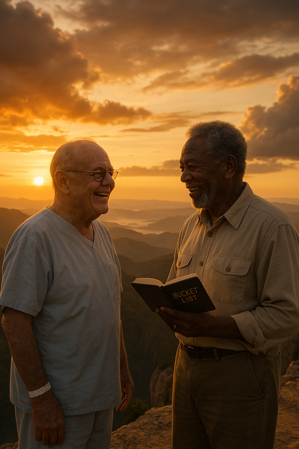 말기 암 환자인 주인공들이 버킷리스트를 작성하여 하나씩 이루어 가며 서로를 바라보며 밝게 웃고 있습니다.