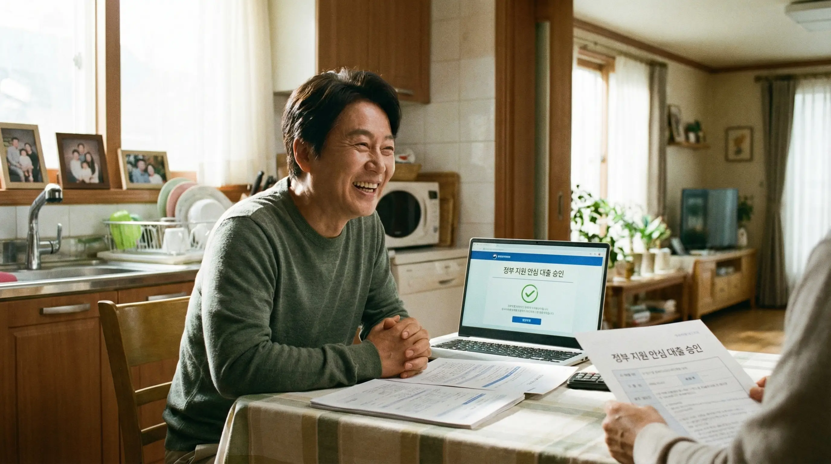 안전한 정부 지원 대출을 통해 자금난을 해결하고 미소 짓는 금융 소비자의 모습