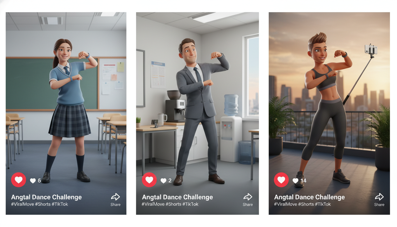 다양한 장소에서 스마트폰으로 앙탈 챌린지를 촬영하는 학생, 직장인, 인플루언서의 모습, 틱톡 쇼츠 바이럴 현상