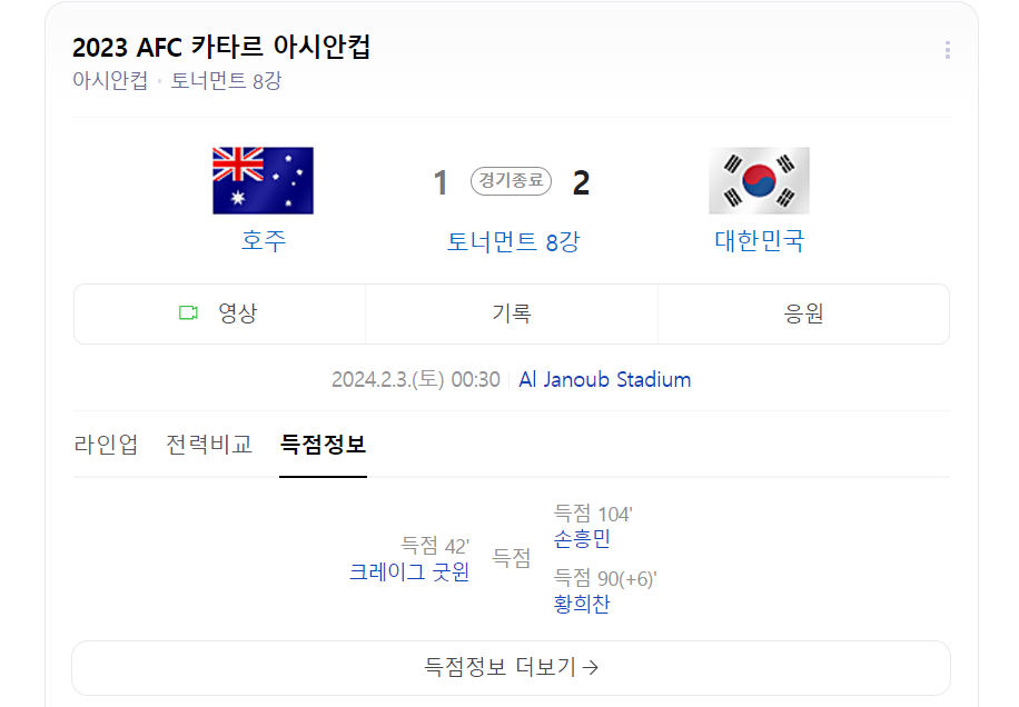 대한민국 호주 경기결과