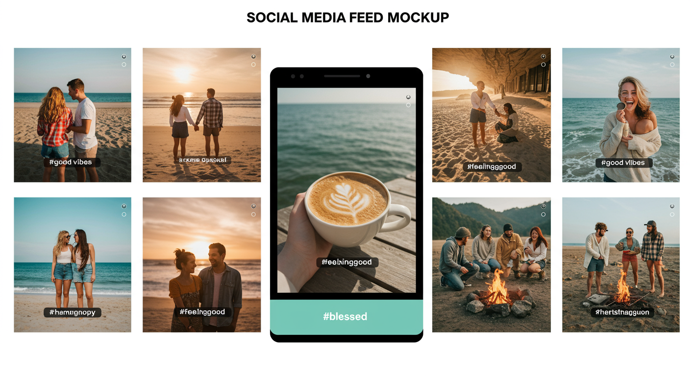 소셜미디어 피드에 대한 영문자가 위에 있고 아래에는 각 프드별 들어갈 사진들이 8장 나열되어 있는 이미지