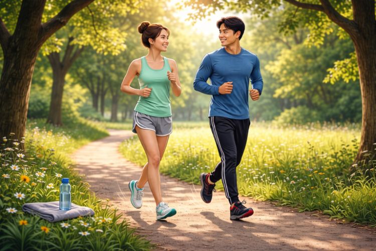 슬로우 조깅을 하며 천천히 달리는 남녀 모습