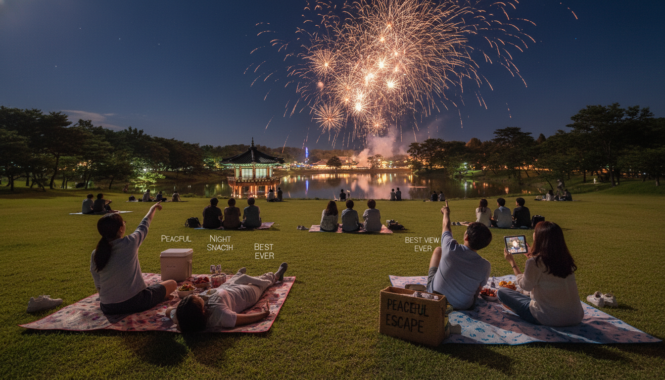 인파를 벗어나 무진정 외곽 언덕에서 돗자리를 깔고 여유롭게 낙화놀이 불꽃을 감상하는 명당 스팟