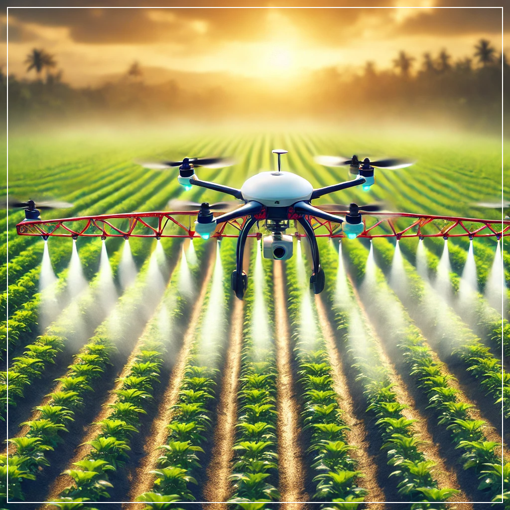 넓은 농지 위에서 정밀 농업 기술을 활용해 작물을 관리하는 농업용 드론.